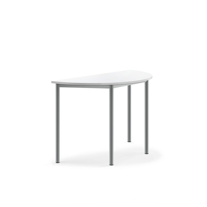 Stół SONITUS, półokrągły, 1200x600x760 mm, biały laminat, szary aluminium
