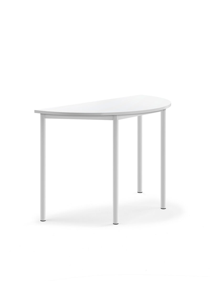 Stół SONITUS, półokrągły, 1200x600x760 mm, biały laminat, biały