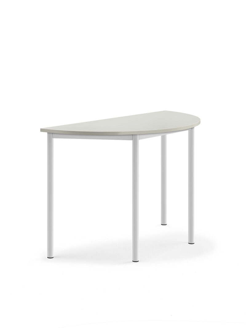 Stół SONITUS, półokrągły, 1200x600x760 mm, szary laminat, biały