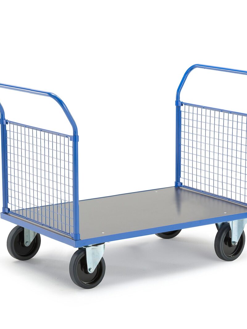 Wózek platformowy TRANSFER, 2 burty z siatki, 1200x800 mm, gumowe koła, z hamulcami