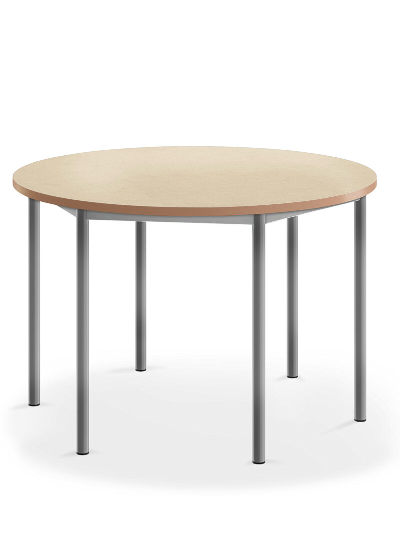 Stół SONITUS, okrągły, Ø1200x760 mm, beżowe linoleum, szary aluminium