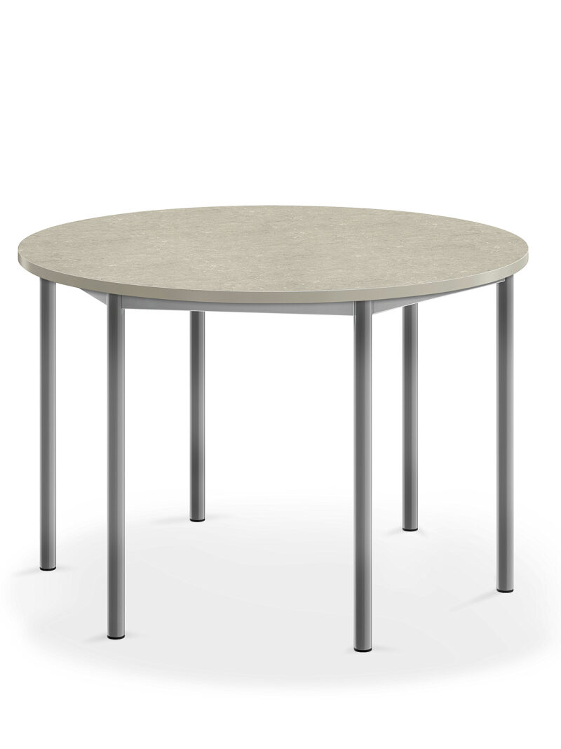 Stół SONITUS, okrągły, Ø1200x760 mm, jasnoszare linoleum, szary aluminium