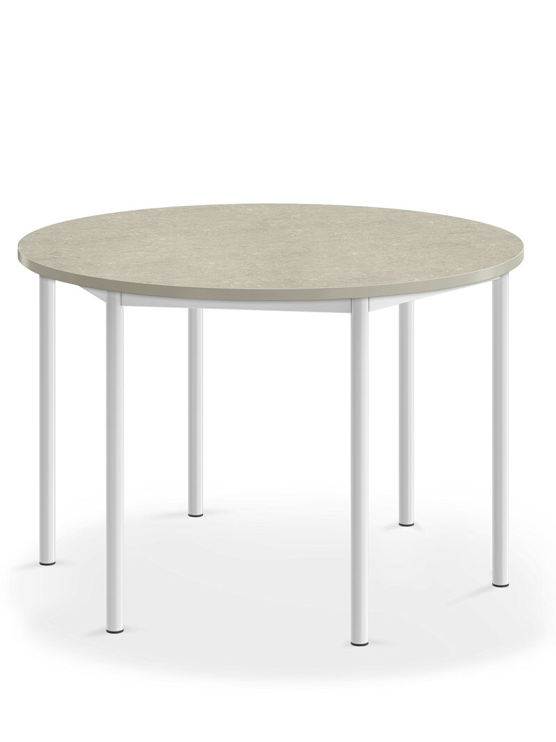 Stół SONITUS, okrągły, Ø1200x760 mm, jasnoszare linoleum, biały