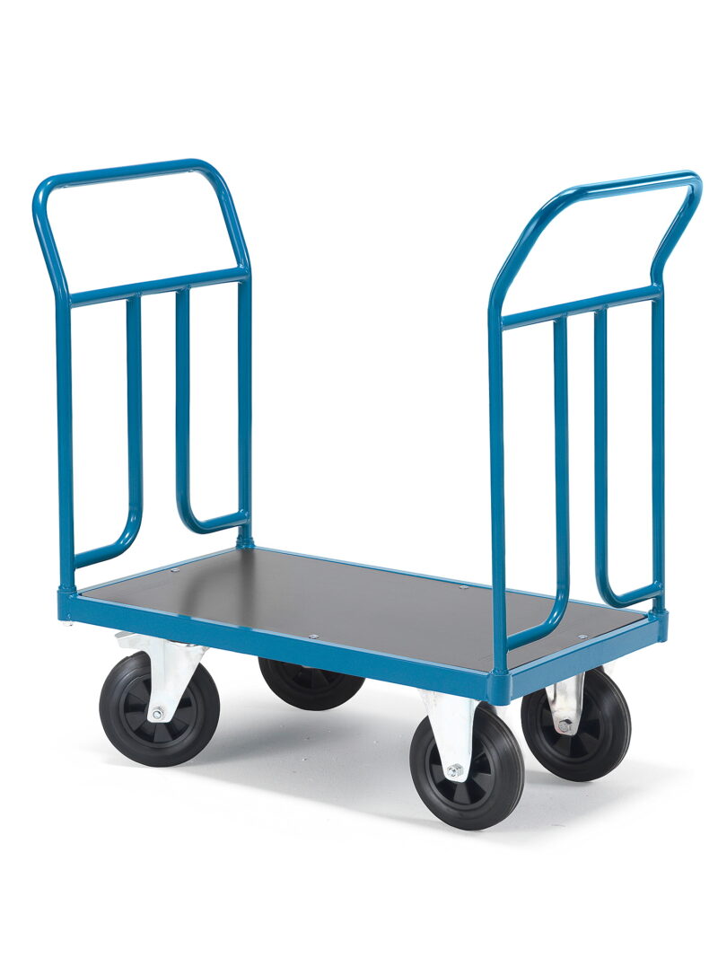 Wózek platformowy TRANSFER, 2 burty z rur stalowych, 900x500 mm, gumowe koła, z hamulcem