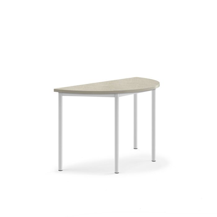 Stół SONITUS, półokrągły, 1200x600x720 mm, linoleum jasnoszary, biały