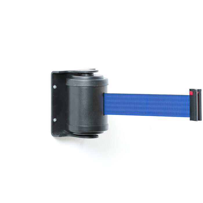 Kaseta z rozwijaną taśmą odgradzającą, uchwyt do montażu ściennego, 180°, 4500 mm, czarny, niebieska