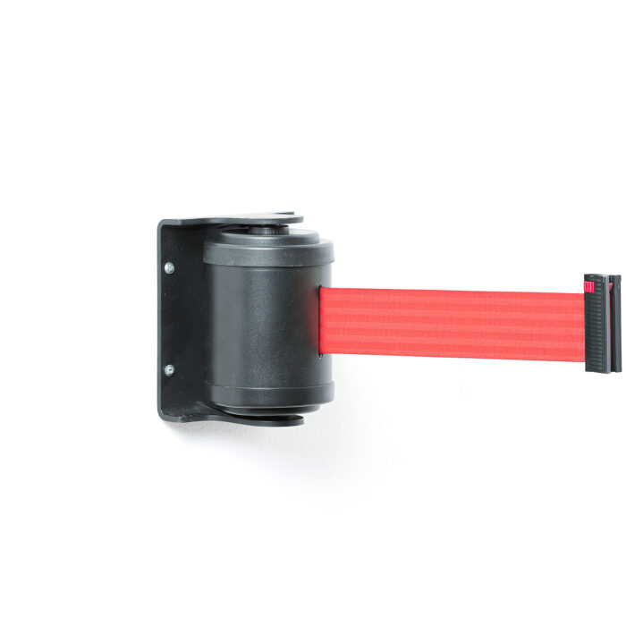 Kaseta z rozwijaną taśmą odgradzającą, uchwyt do montażu ściennego, 180°, 4500 mm, czarny, czerwona