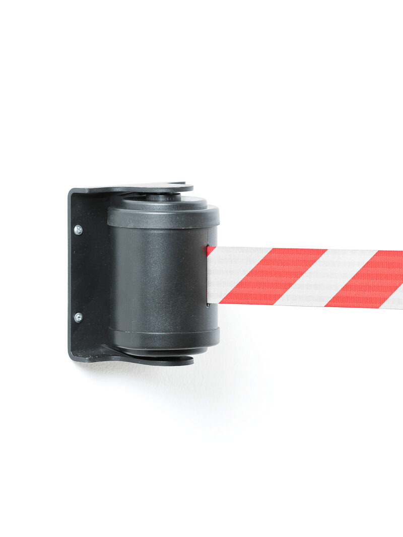 Kaseta z rozwijaną taśmą odgradzającą, uchwyt do montażu ściennego, 180°, 4500 mm, czarny, biało-cze