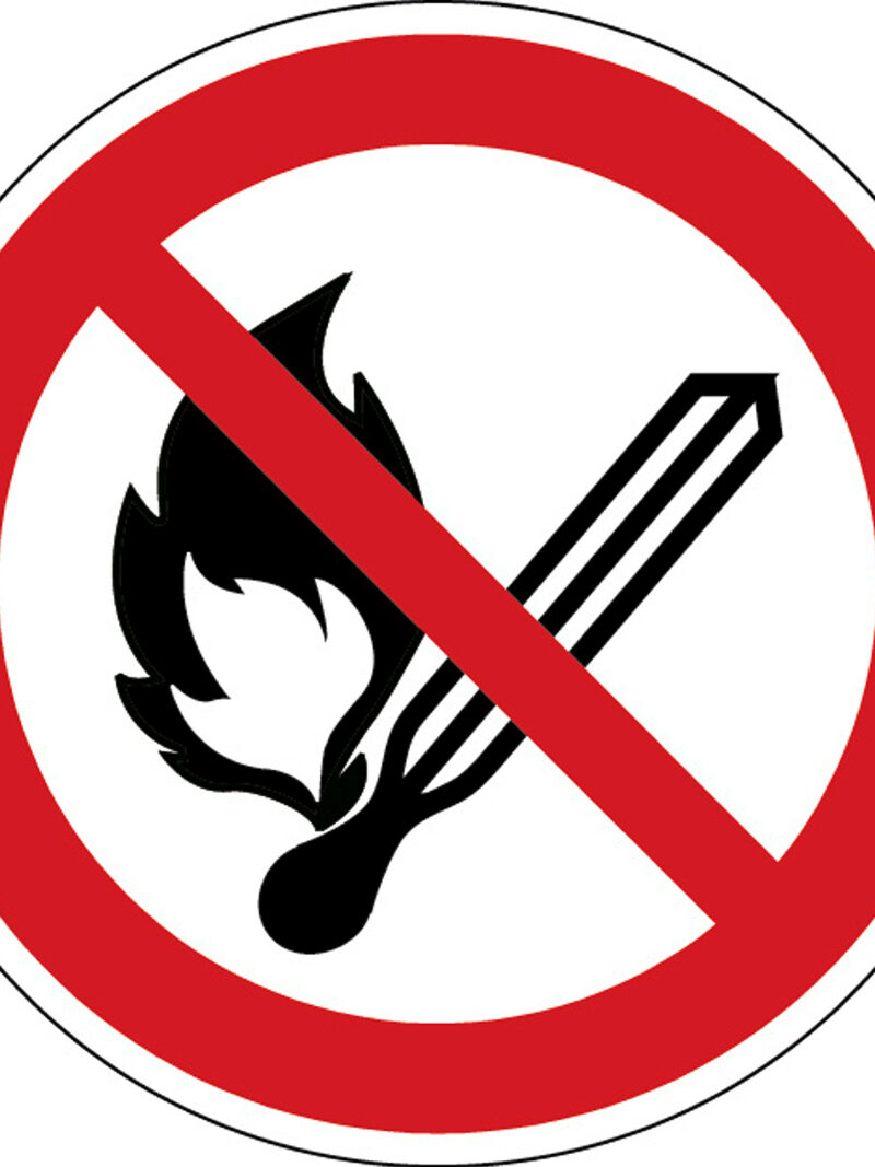 Oznaczenie: zakaz używania otwartego ognia, samoprzylepny poliester, Ø 100 mm