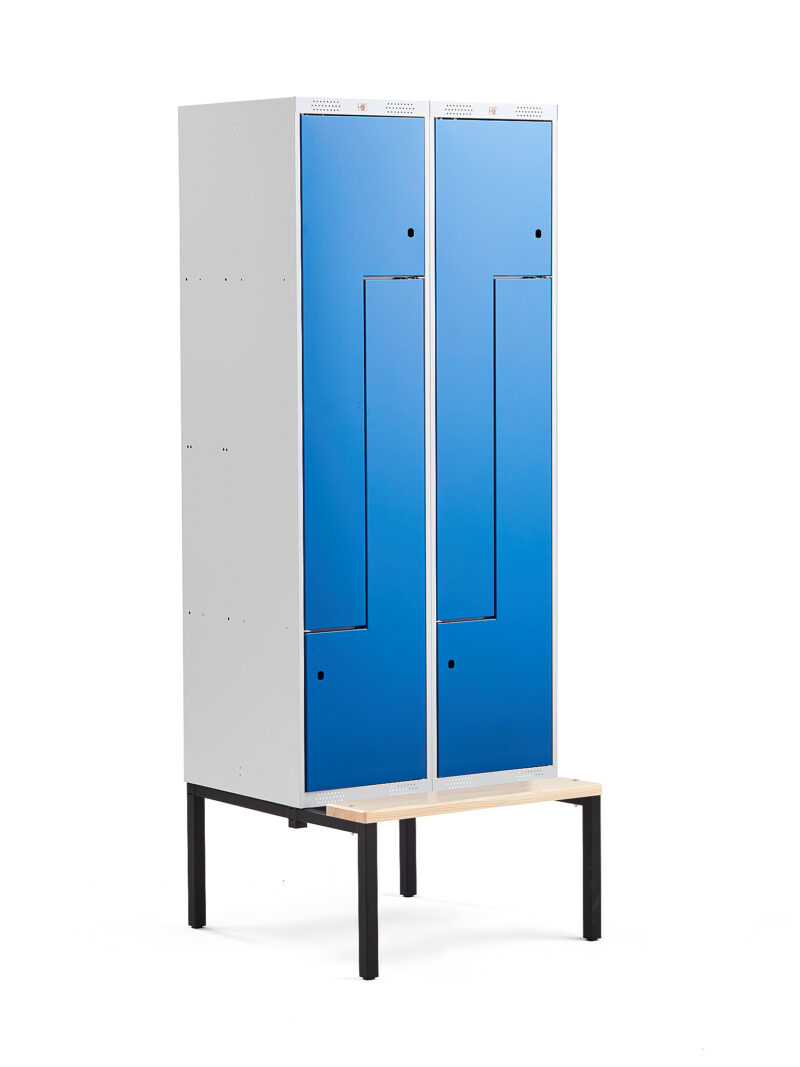 Szafa ubraniowa CLASSIC, typ L, z ławeczką, 2 moduły, 4 drzwi, 2120x800x550 mm, niebieski