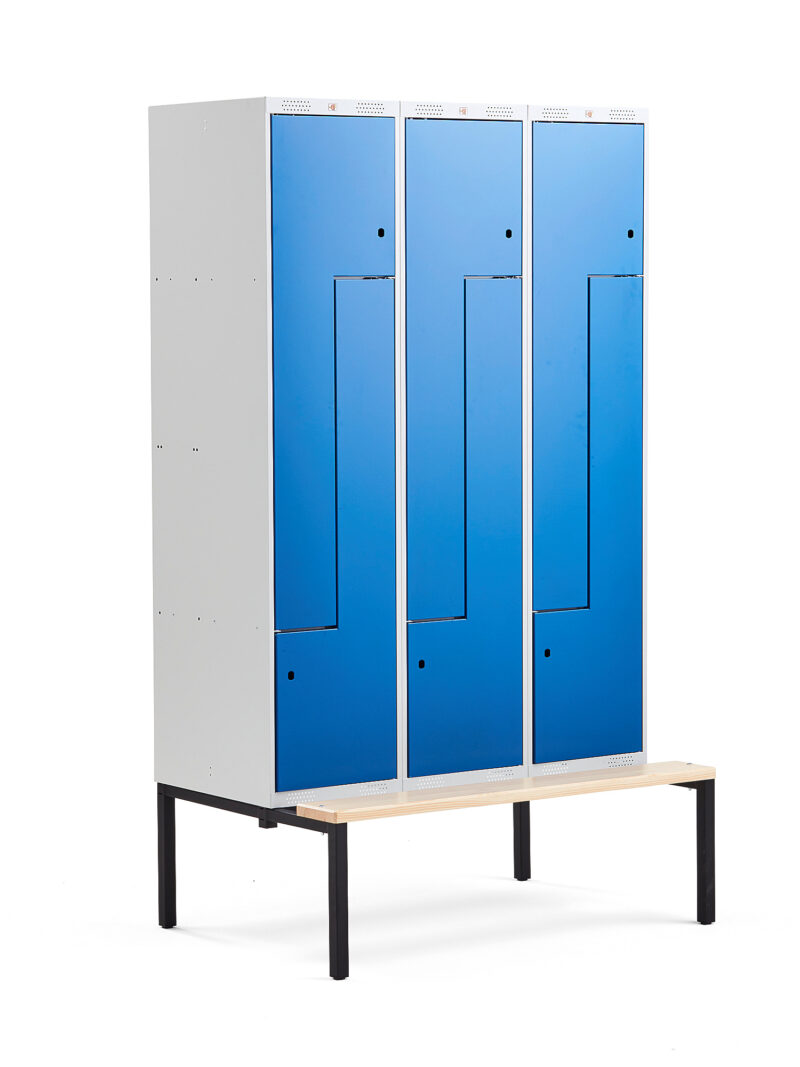 Szafa ubraniowa CLASSIC, typ L, z ławeczką, 3 moduły, 6 drzwi, 2120x1200x550 mm, niebieski