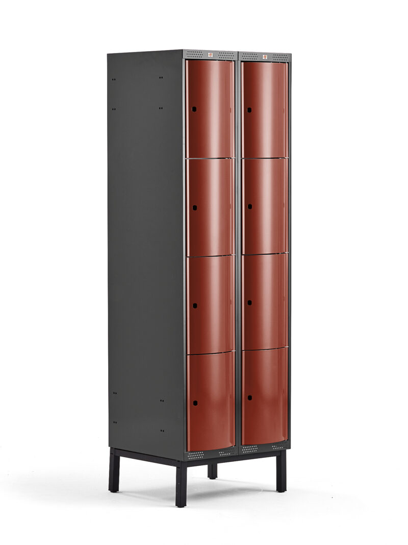 Metalowa szafa ubraniowa CURVE, na nóżkach, 2x4 drzwi, 1940x600x550 mm, czerwony