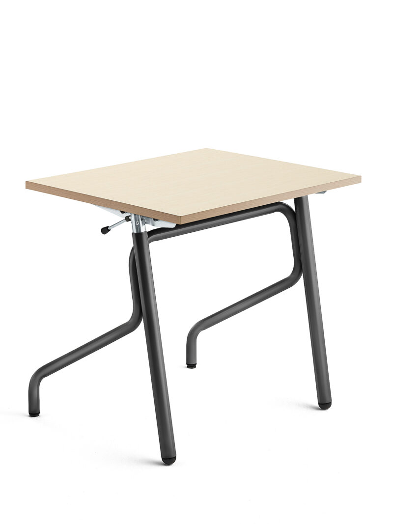 Biurko szkolne z regulacją wysokości ADJUST, 700x600 mm, HPL z redukcją hałasu, brzoza, antracyt