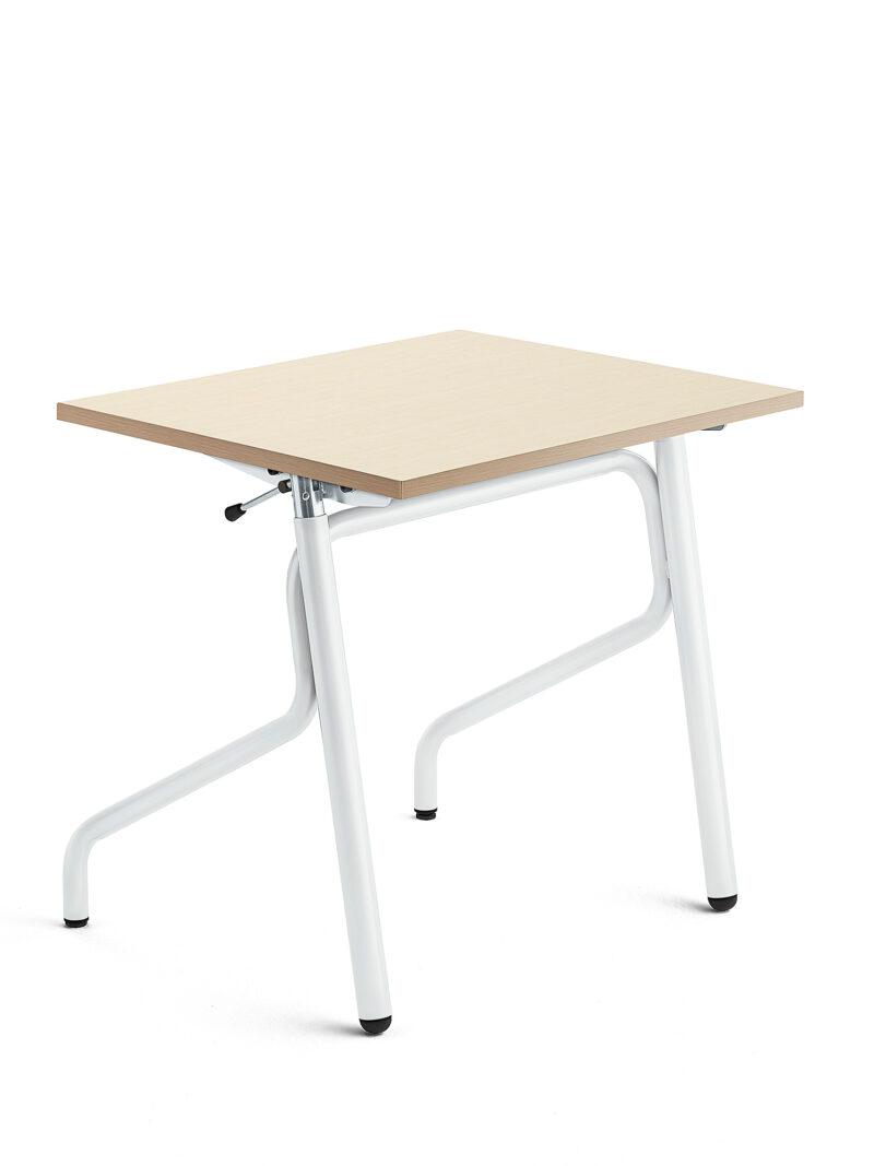 Biurko szkolne z regulacją wysokości ADJUST, 700x600 mm, HPL z redukcją hałasu, brzoza, biały