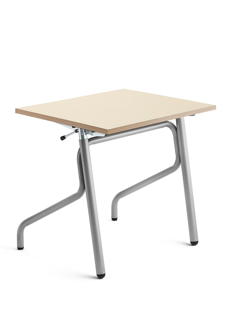 Biurko szkolne z regulacją wysokości ADJUST, 700x600 mm, HPL z redukcją hałasu, brzoza, srebrny