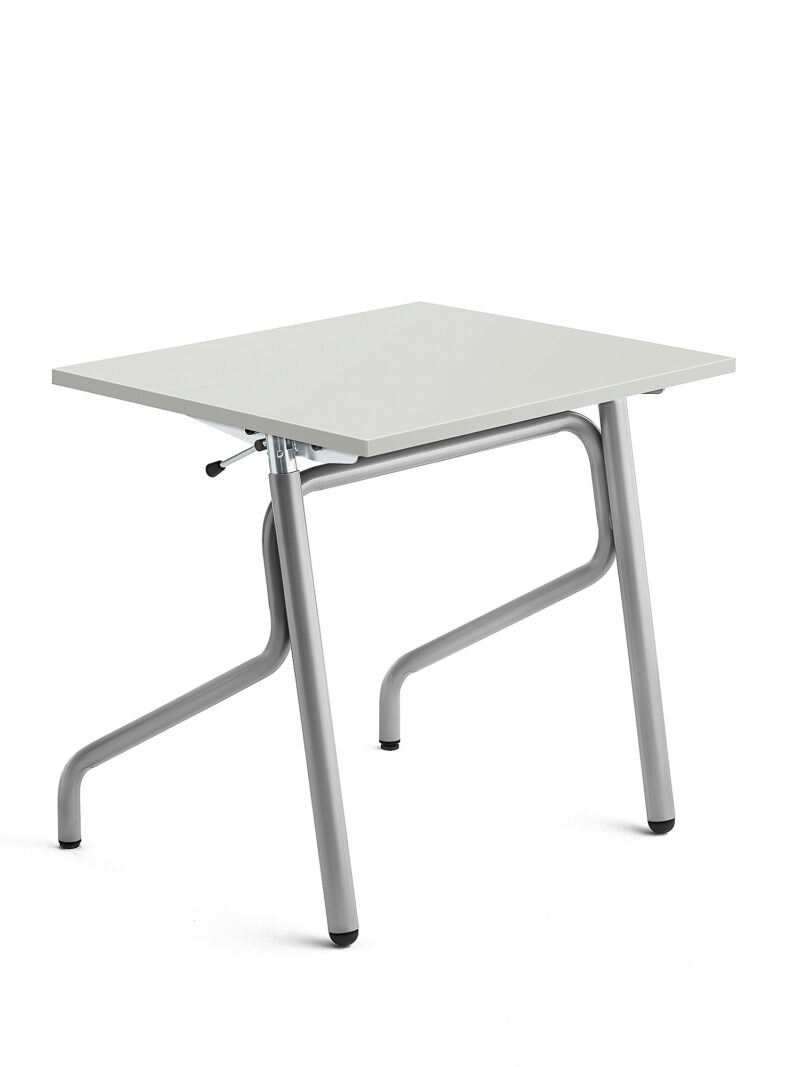 Biurko szkolne z regulacją wysokości ADJUST, 700x600 mm, HPL z redukcją hałasu, szary, srebrny
