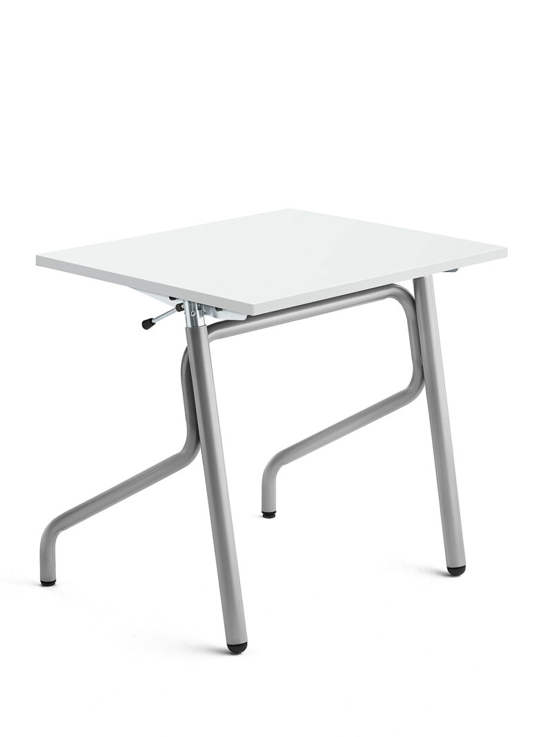 Biurko szkolne z regulacją wysokości ADJUST, 700x600 mm, HPL z redukcją hałasu, biały, srebrny