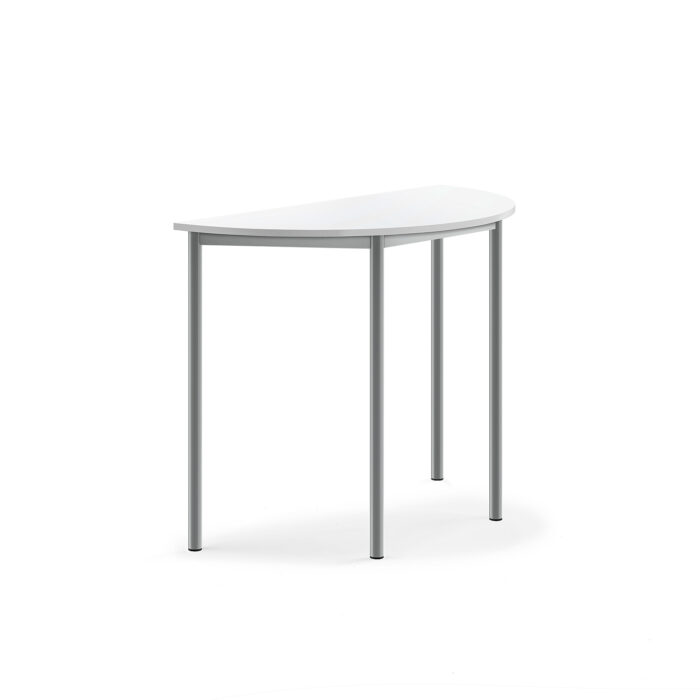 Stół SONITUS, półokrągły, 1200x600x900 mm, biały laminat, szary aluminium