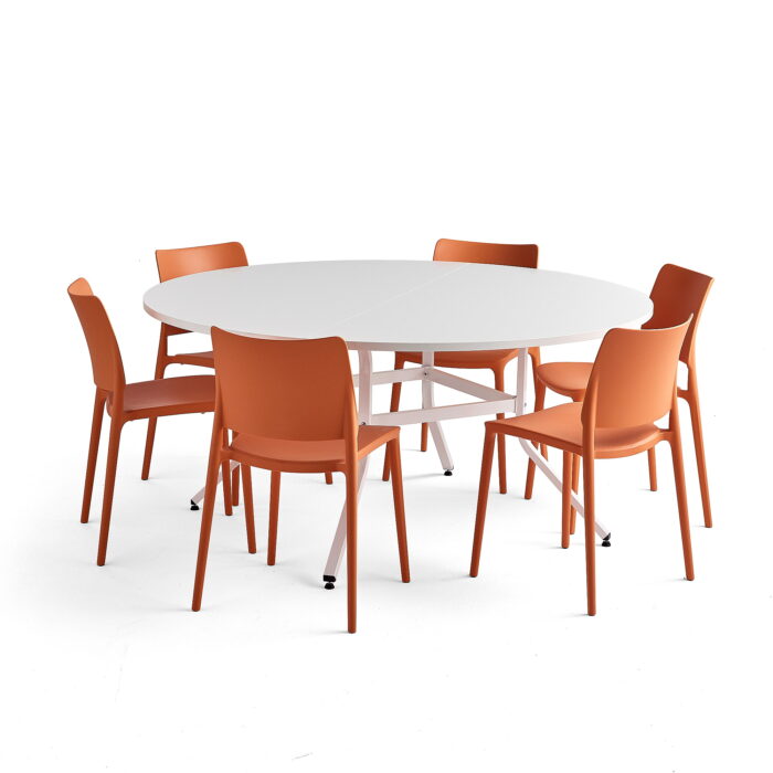 Zestaw mebli VARIOUS + RIO, 1 stół i 6 pomarańczowych krzeseł