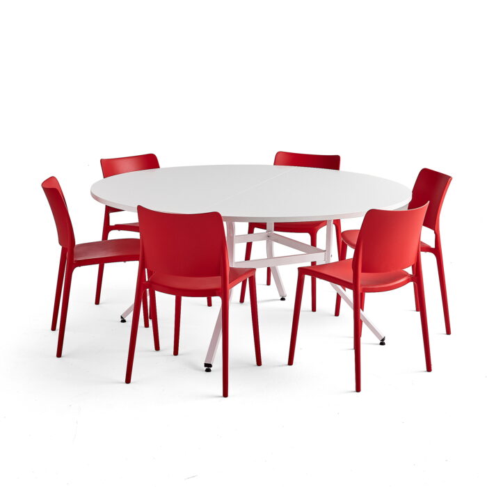 Zestaw mebli VARIOUS + RIO, 1 stół i 6 czerwonych krzeseł