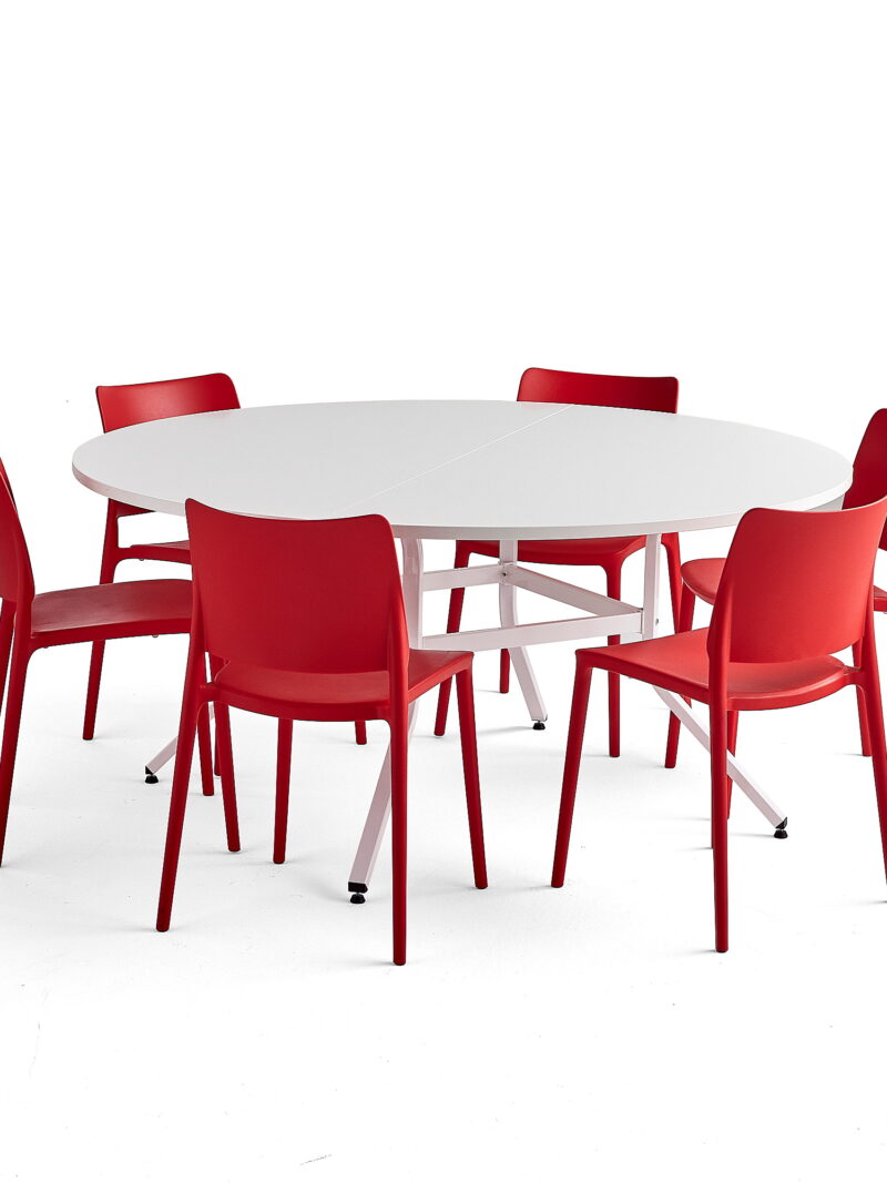 Zestaw mebli VARIOUS + RIO, 1 stół i 6 czerwonych krzeseł