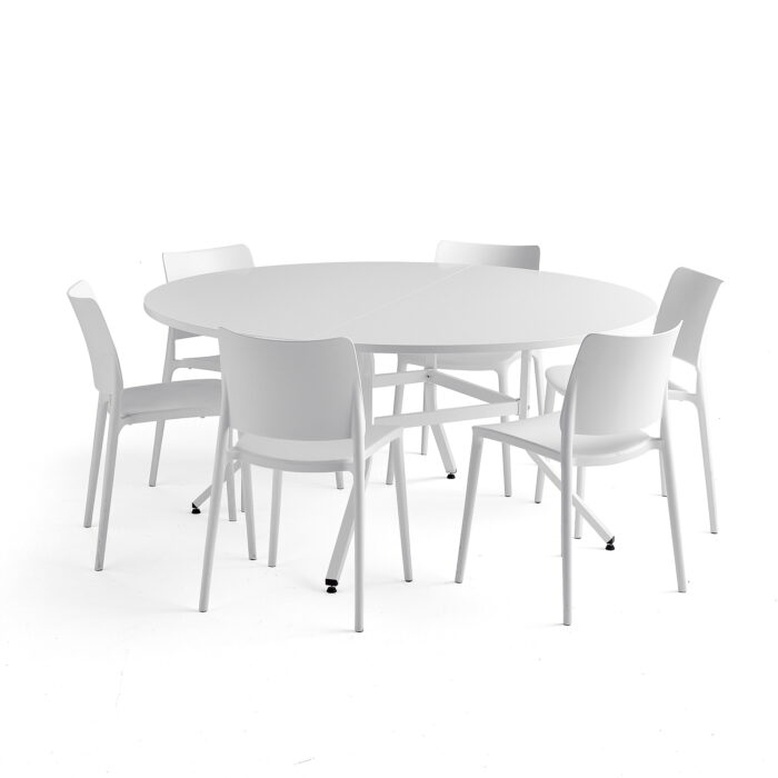 Zestaw mebli VARIOUS + RIO, 1 stół i 6 białych krzeseł