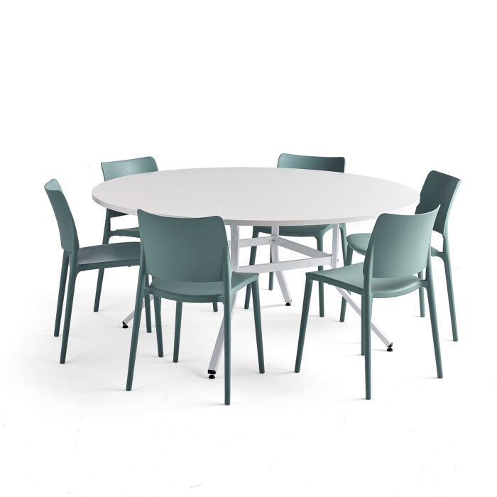 Zestaw mebli VARIOUS + RIO, 1 stół i 6 turkusowych krzeseł