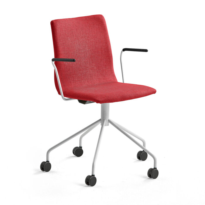 Krzesło konferencyjne OTTAWA, na kółkach, podłokietniki, czerwona tkanina, biały