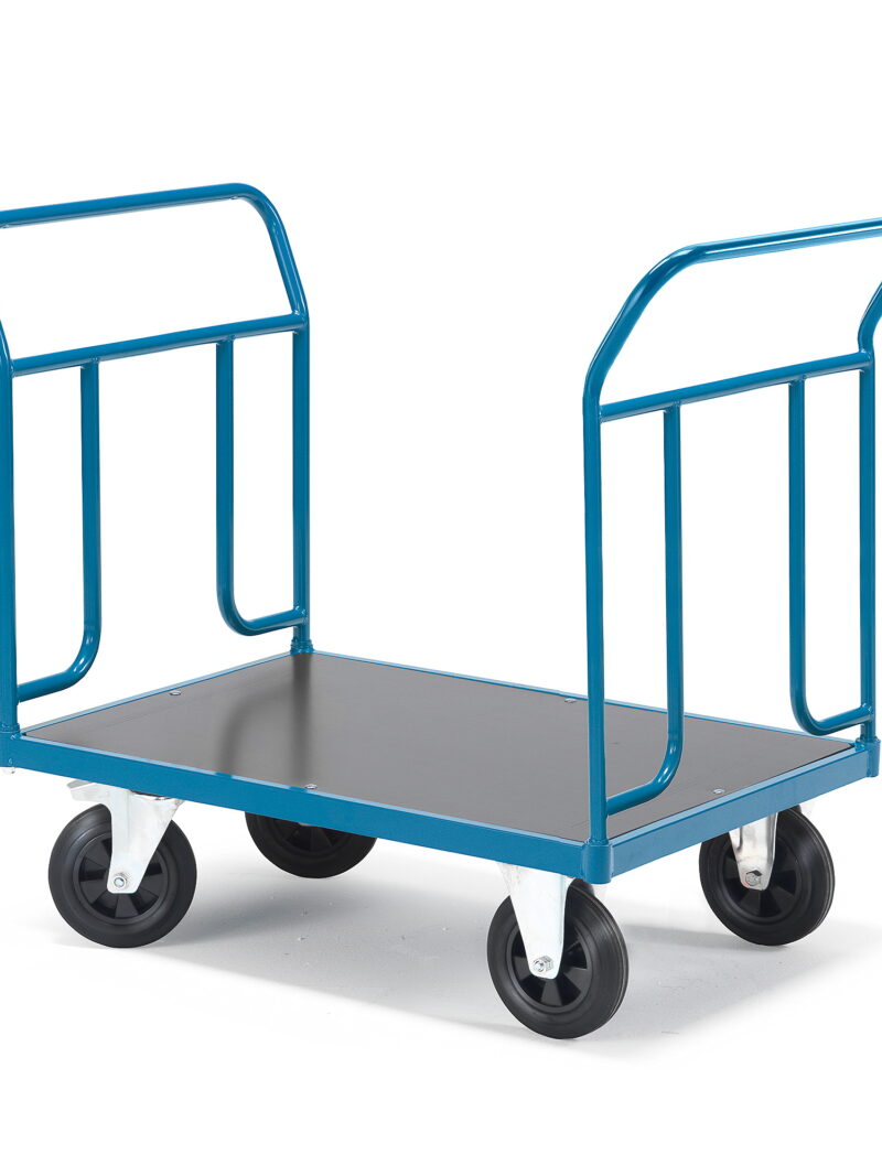 Wózek platformowy TRANSFER, 2 burty z rur stalowych, 1000x700 mm, gumowe koła, z hamulcami