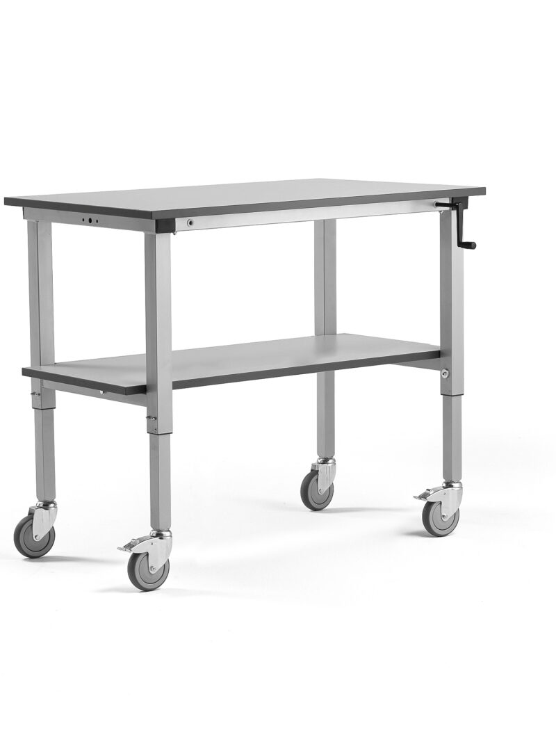 Mobilny stół roboczy MOTION, z ręczną regulacją wysokości, półka dolna, 150 kg, 1200x600 mm