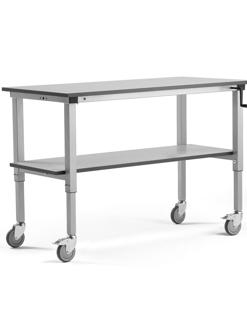 Mobilny stół roboczy MOTION, z ręczną regulacją wysokości, półka dolna, 150 kg, 1500x600 mm