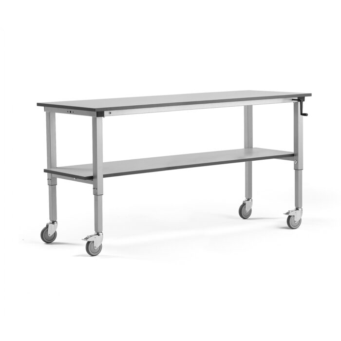 Mobilny stół roboczy MOTION, z ręczną regulacją wysokości, półka dolna, 150 kg, 2000x600 mm