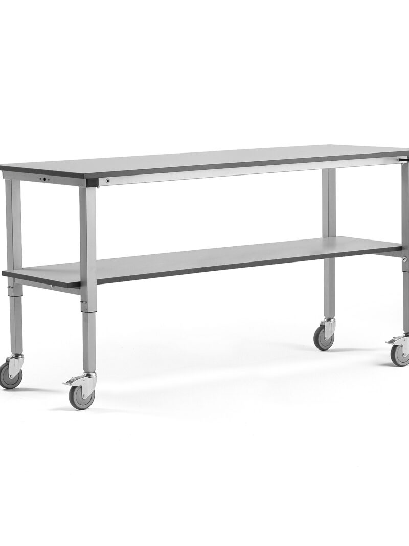 Mobilny stół roboczy MOTION, z ręczną regulacją wysokości, półka dolna, 150 kg, 2000x600 mm