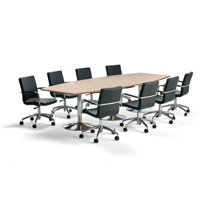 Zestaw mebli konferencyjnych FLEXUS + DELTA, 1 stół, buk, 3200x1200 mm i 8 czarnych krzeseł