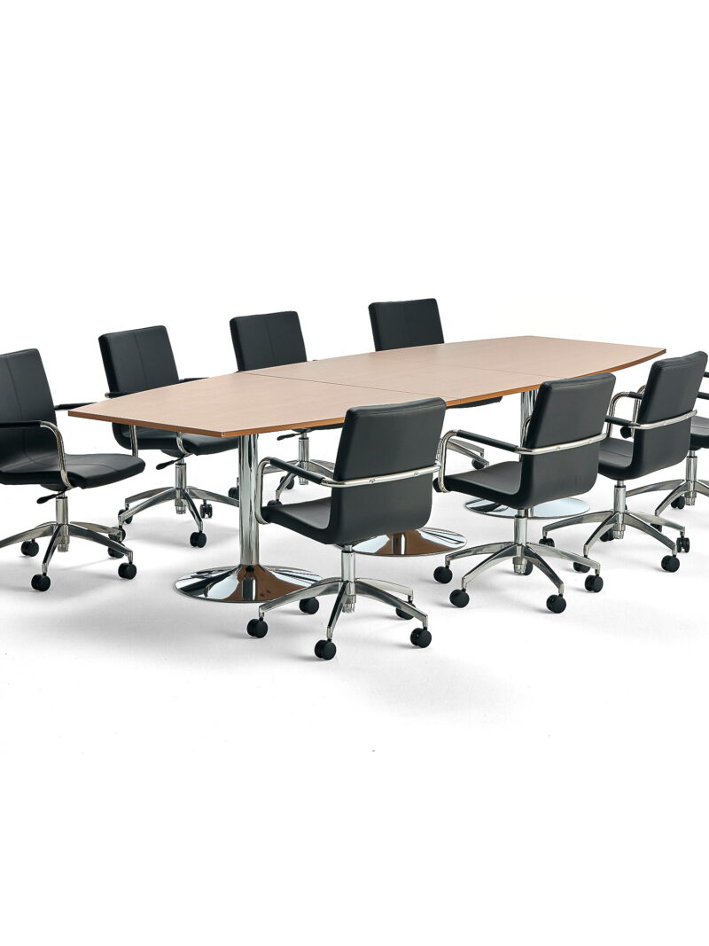 Zestaw mebli konferencyjnych FLEXUS + DELTA, 1 stół, buk, 3200x1200 mm i 8 czarnych krzeseł