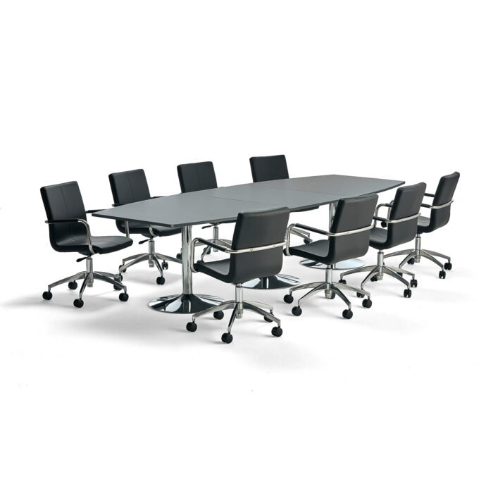 Zestaw mebli konferencyjnych FLEXUS + DELTA, 1 stół, szary, 3200x1200 mm i 8 czarnych krzeseł