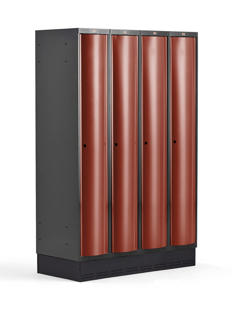 Metalowa szafa ubraniowa CURVE, na cokole, 4x1 drzwi, 1890x1200x550 mm, czerwony