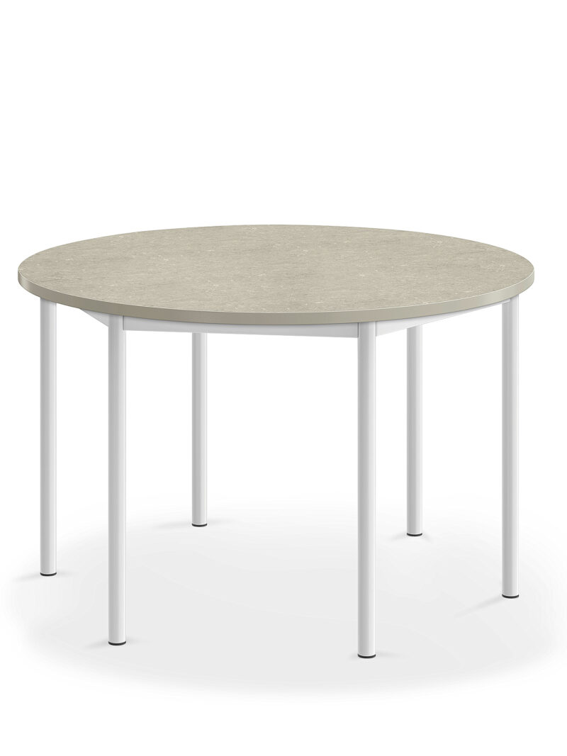 Stół SONITUS, okrągły, Ø1200x720 mm, linoleum jasnoszary, biały