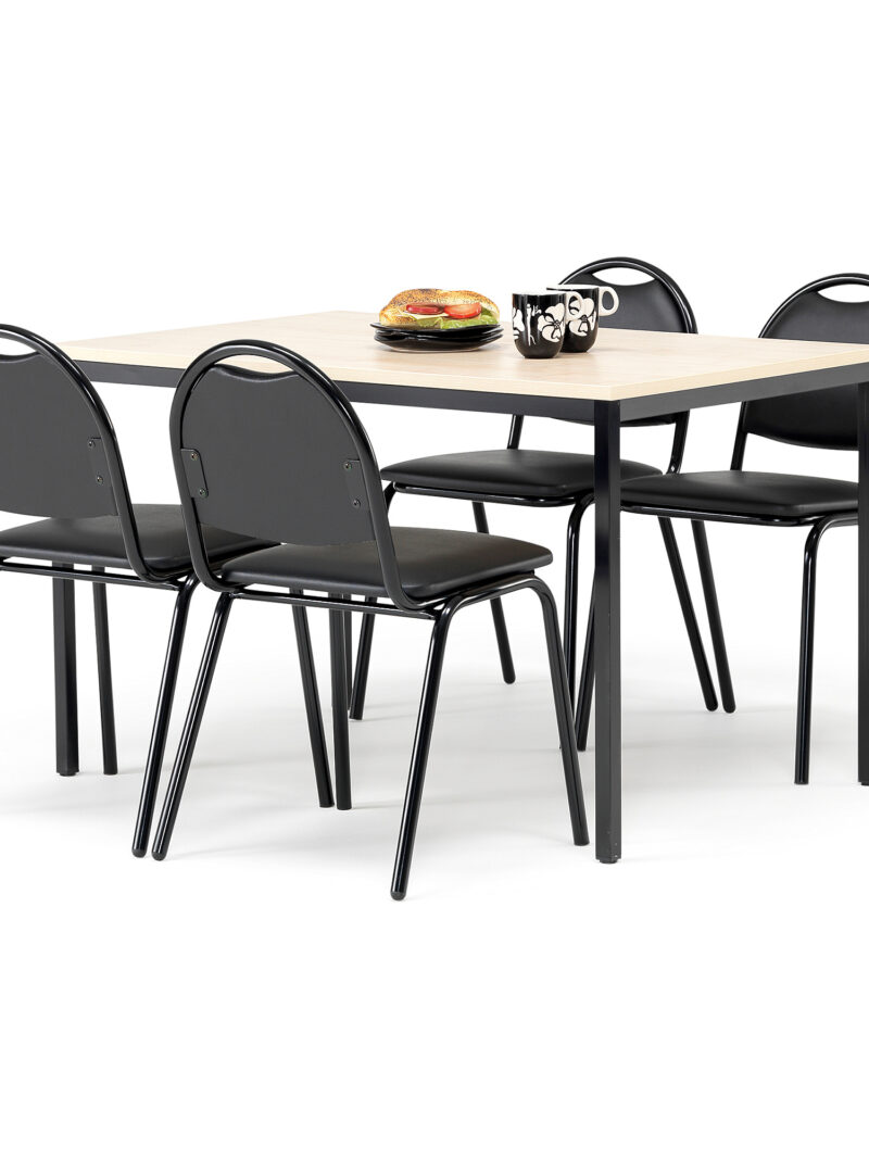 Zestaw mebli do stółówki, stół 1200x800 mm, brzoza + 4 krzesła, skai/czarny