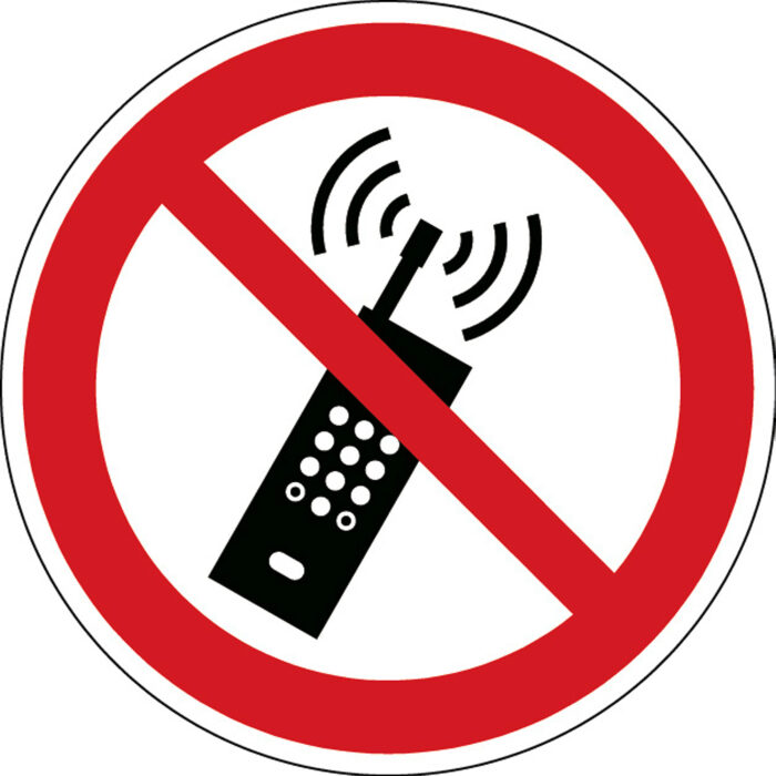 Oznaczenie: zakaz używania telefonów komórkowych, samoprzylepny poliester, Ø 200 mm