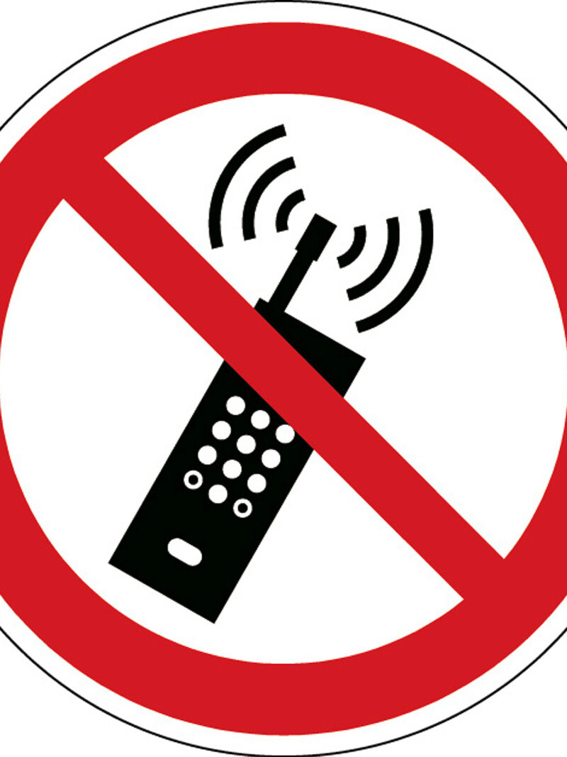 Oznaczenie: zakaz używania telefonów komórkowych, samoprzylepny poliester, Ø 200 mm
