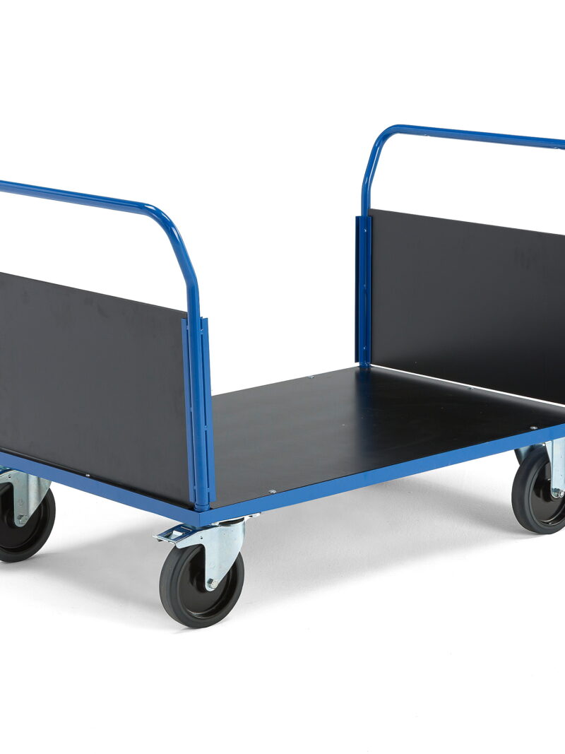 Wózek platformowy TRANSFER, 2 burty z drewna, 1200x800 mm, gumowe koła, z hamulcami