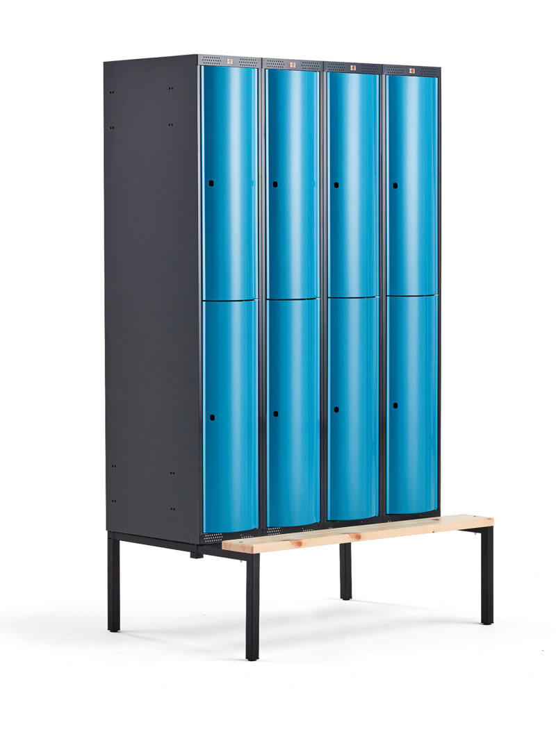 Metalowa szafa ubraniowa CURVE, z ławeczką, 4x2 drzwi, 2120x1200x550 mm, niebieski