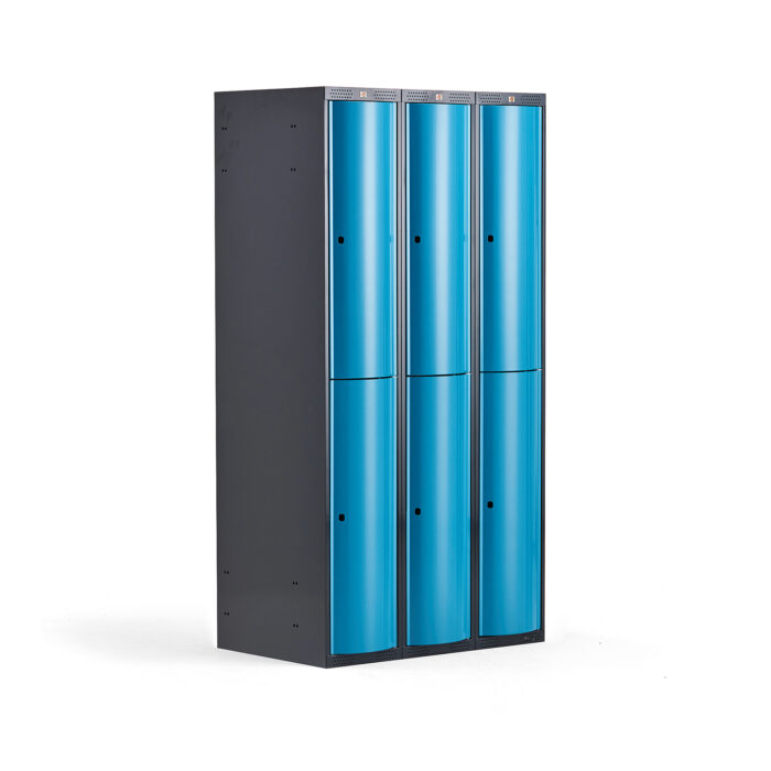 Metalowa szafa ubraniowa CURVE, 3x2 drzwi, 1740x900x550 mm, niebieski