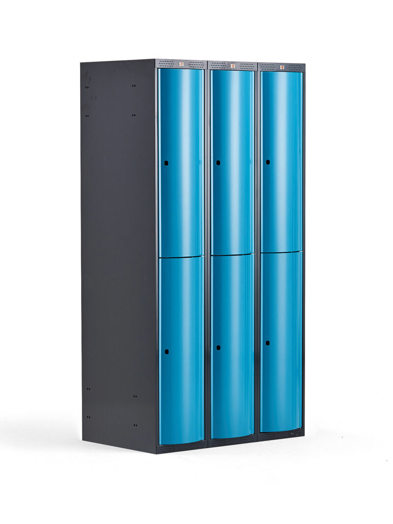 Metalowa szafa ubraniowa CURVE, 3x2 drzwi, 1740x900x550 mm, niebieski