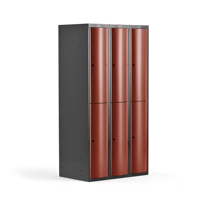 Metalowa szafa ubraniowa CURVE, 3x2 drzwi, 1740x600x550 mm, czerwony