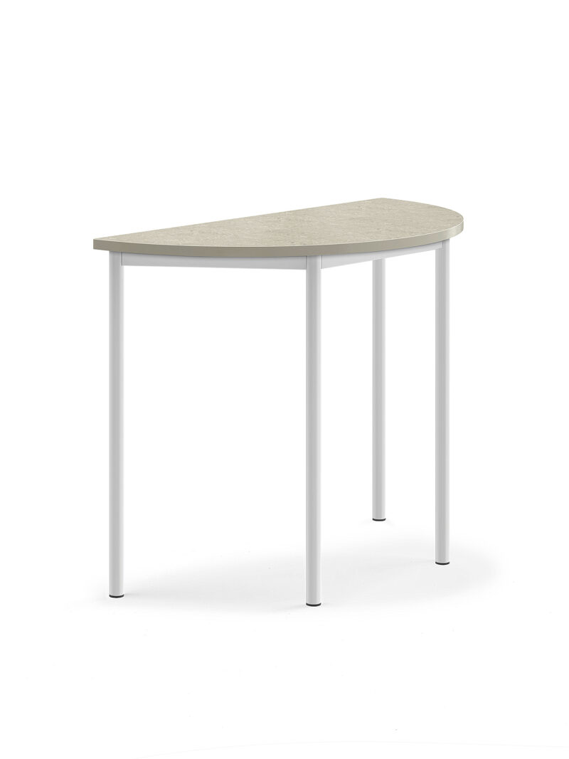Stół SONITUS, półokrągły, 1200x600x900 mm, linoleum jasnoszary, biały