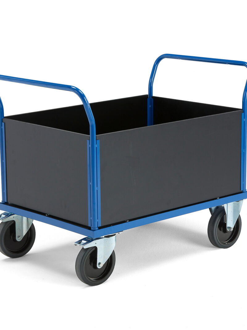 Wózek platformowy TRANSFER, 4 burty z drewna, 1000x700 mm, gumowe koła, z hamulcami