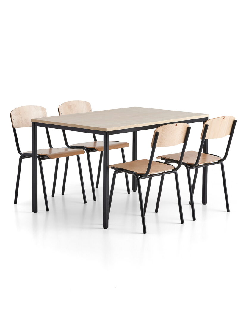 Zestaw mebli do stołówki JAMIE + WILSON, 1 stół + 4 krzesła, brzoza, czarny