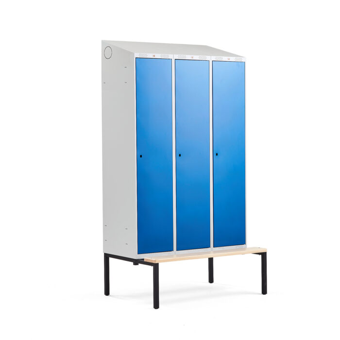 Szafa ubraniowa CLASSIC ze skośnym daszkiem, z ławeczką, 3 moduły, 2290x1200x550 mm, niebieski